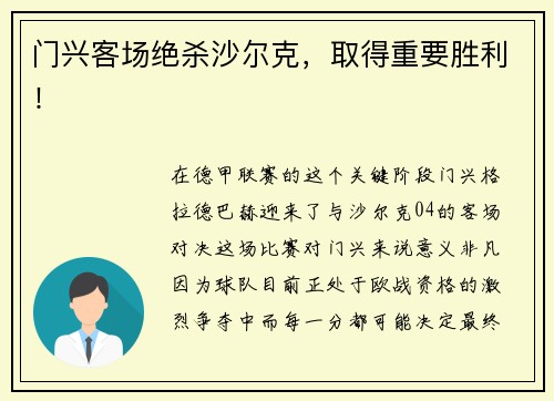 门兴客场绝杀沙尔克，取得重要胜利！